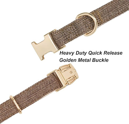 Soft Dog Collar and Leash Set Adjustable Woven Tweed Dog Collars with Metal Buckle and Lead for Small Medium Large Dogs,Coffee