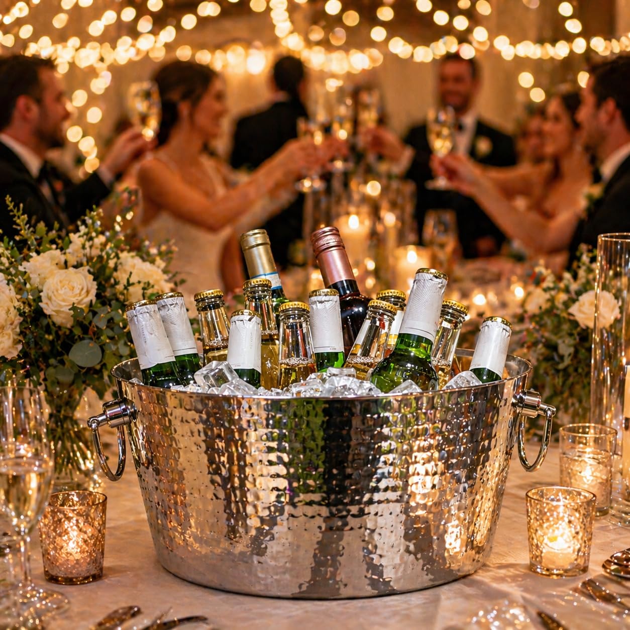 BREKX Hammered Stainless-Steel Beverage Tub, Double-Walled Insulated Anchored Drink Tub & Ice Bucket with Double Hinged Handles, Drink Chiller for Parties, 12 Quarts