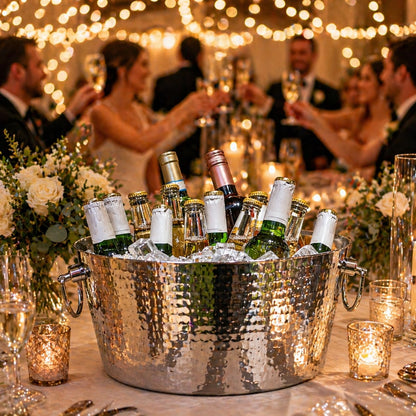 BREKX Hammered Stainless-Steel Beverage Tub, Double-Walled Insulated Anchored Drink Tub & Ice Bucket with Double Hinged Handles, Drink Chiller for Parties, 12 Quarts
