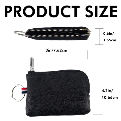 Genuine Leather Mini Coin Purse Keychain, Small Change Pouch Wallet with Clip Ring and Inner Key Holder, Compact Coin Wallet for Keys, Coins, Cash (Black)