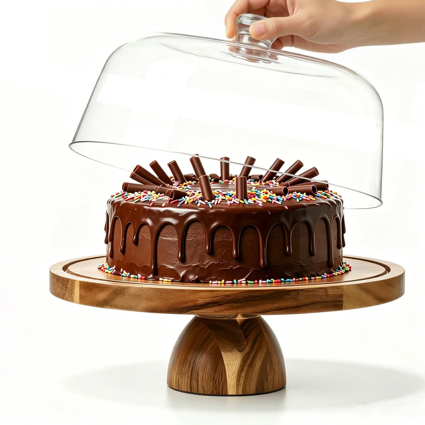 JOCHER Acacia Wood Cake Stand with Lid, 2-In-1 Cake Plate with Acrylic Lid, 12in Round Dessert Table Display Set, Raise Dome for Charcuterie Board, Cheese, Chips & Dips, Nachos, Fruit Platter (12in)