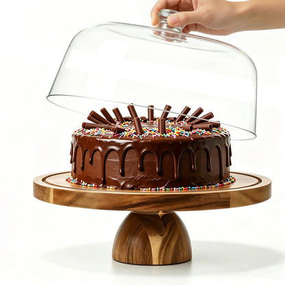 JOCHER Acacia Wood Cake Stand with Lid, 2-In-1 Cake Plate with Acrylic Lid, 12in Round Dessert Table Display Set, Raise Dome for Charcuterie Board, Cheese, Chips & Dips, Nachos, Fruit Platter (12in)