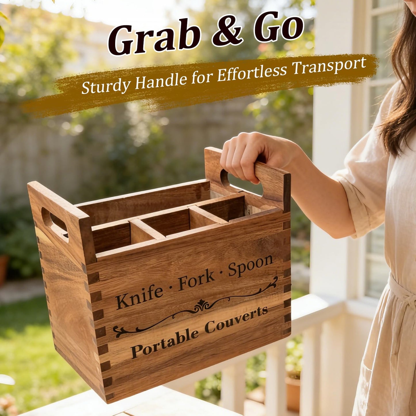 NDNTO Portable Acacia Wood Kitchen Utensil Holder with Handle, Farmhouse Countertop 4-Compartment Wooden Cooking Utensil Holder for Counter, Island & Dining Room