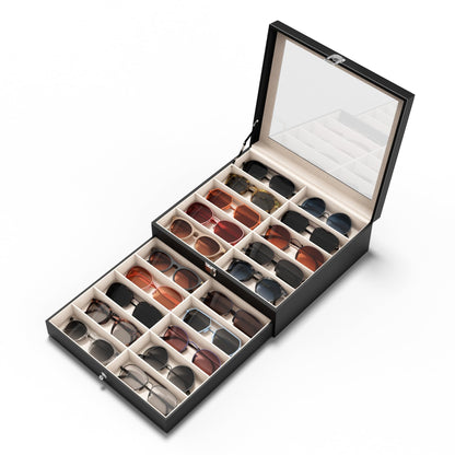 NEWLOOP Sunglasses Case Storage Organizer - Sunglass Organizer See-through Display Case Multiple Pairs Glasses Holder Stand 2-layer Eyeglass Jewelry Watch Collection Box for Men with 20 Slot Black