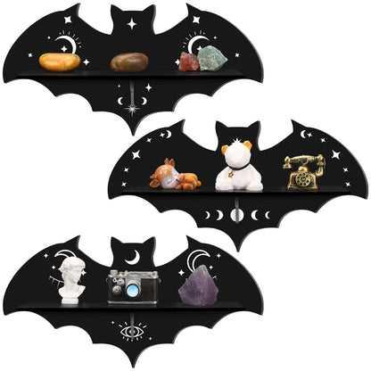 Geetery 3 Pcs Bat Floating Wall Shelf Black Gothic Wall Shelves Decor 15.74 Inch with Hooks for Halloween Party Living Room Bedroom Kitchen Bathroom