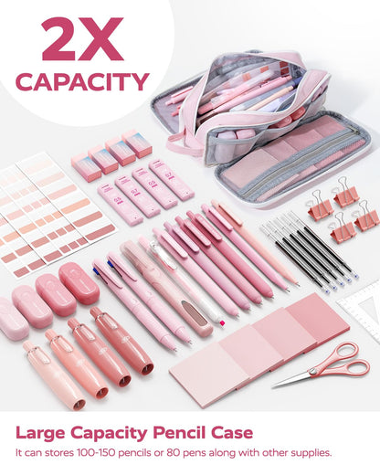 Four Candies Pink College Supplies and Nursing Essentials with Organizer, Gel Pens with Black Ink,Correction Tapes,Pastel Highlighters, Mechanical Pencils, Sticky Notes, Index Post