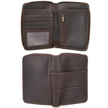 Polare Full Grain Leather Travel Passport Wallet with YKK Zipper and RFID Blocking Document Organizer Holder 2 Passports (Dark Brown)
