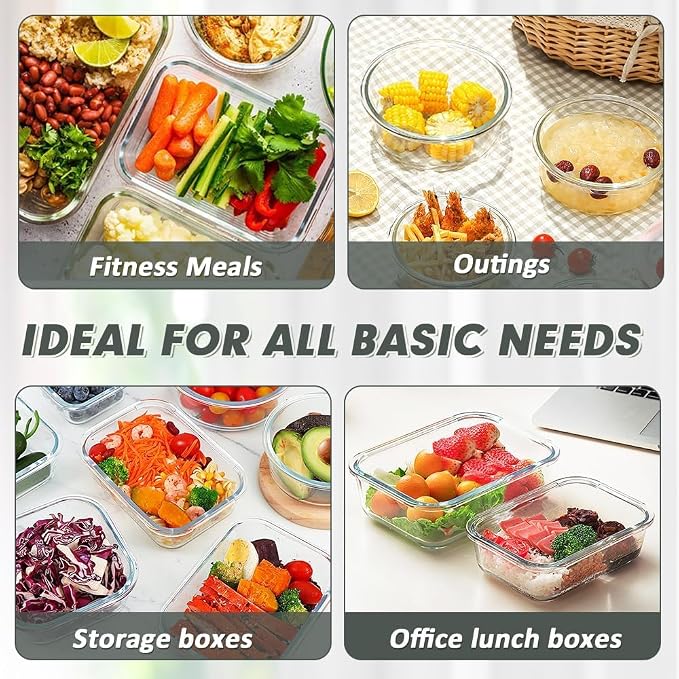 VERONES 12 Packs Glass Food Storage Containers Set, Airtight Glass Lunch Containers, Glass Meal Prep Containers with Lids,Exclusive of BPA, for Microwave, Oven, Freezer & Dishwasher Friendly,Grey