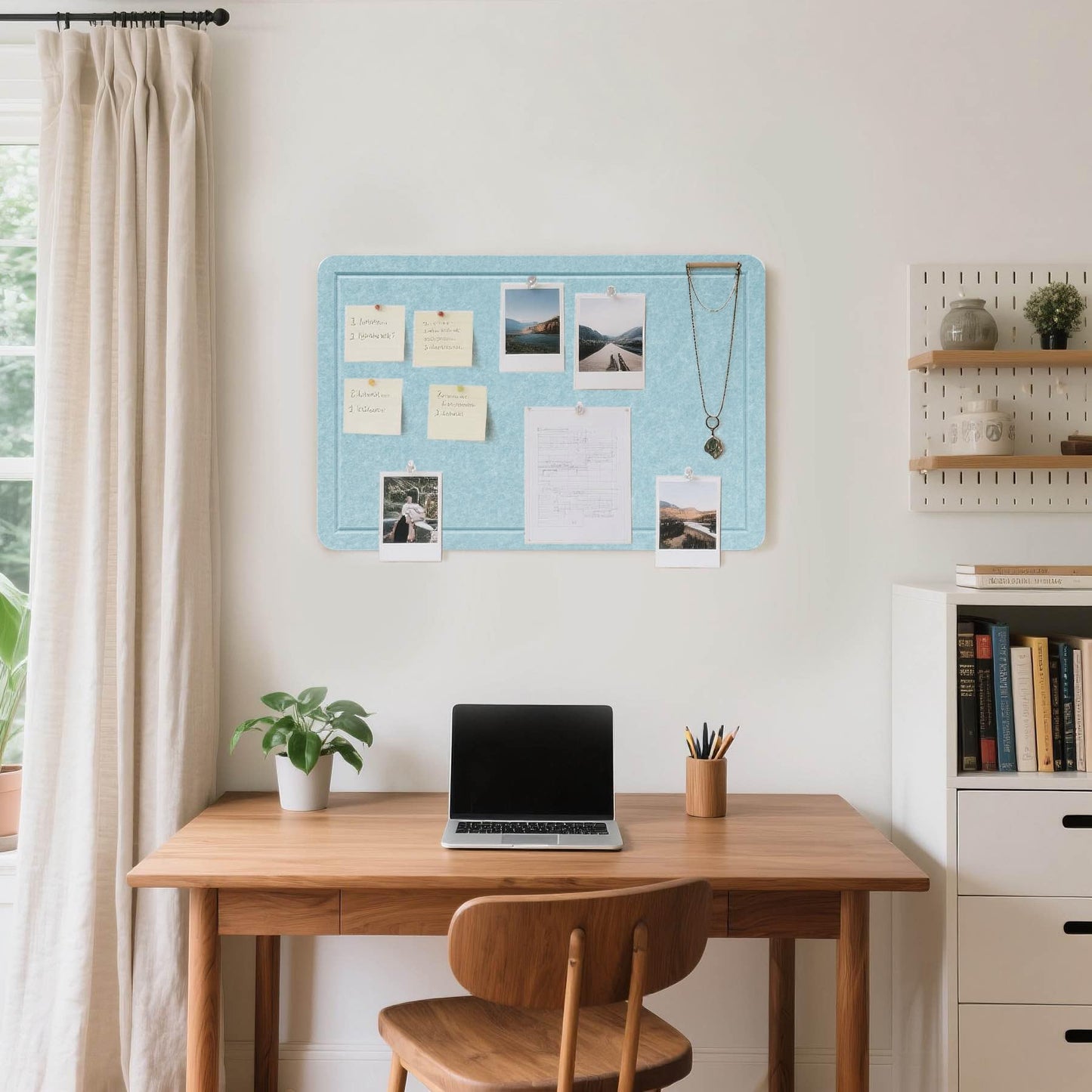 Lightomorrow Bulletin Board, 24 x 18 Inches Cork Board Alternative Decorative Felt Pin Board with Safe Removable Adhesives & 27 Push Pins for Home Office Classroom Walls-Light Blue