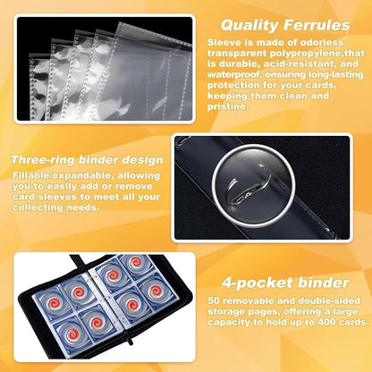 Jravkfi Card Binder 4 Pocket with 50 Removable Sleeves-Can Hold 400 Cards,3-Ring Zipper Sports Book, Ideal for All Card Collectors（Black）