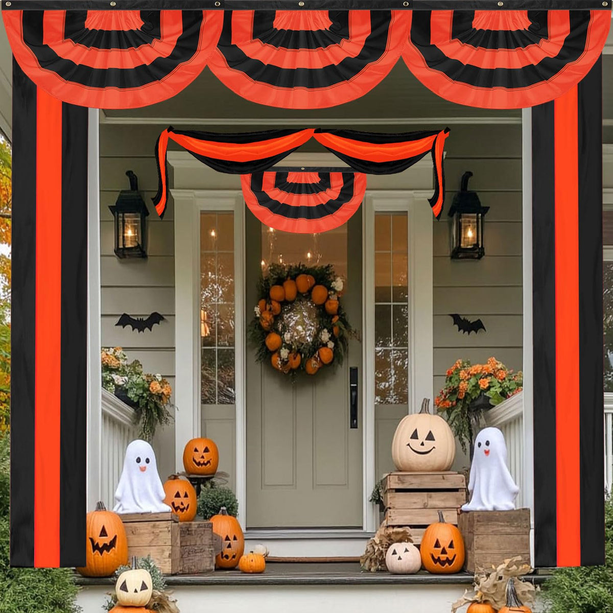 LinaGarten Halloween Bunting Flag 2 x 4 ft Fully Sewn Orange & Black 5 Stripe with 3 Grommets Pleated Half Fan Flag Bunting Banner Trick or Treat Halloween Decor Outside Porch Garden Outdoor Yard Indoor Home