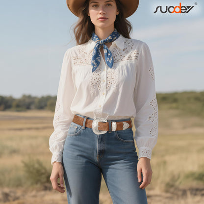 SUOSDEY Women Country Western Belt Cowgirl Cowboy Vintage Leather Belt with Western Style Big Buckle for Jeans Dresses