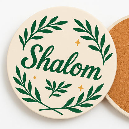 Shalom Coasters Set of 4 Ceramic Drink Coasters with Olive Branch Peace Design Absorbent Stone Coasters with Cork Base Christian & Jewish Gifts Religious Table Decor for Home Holidays