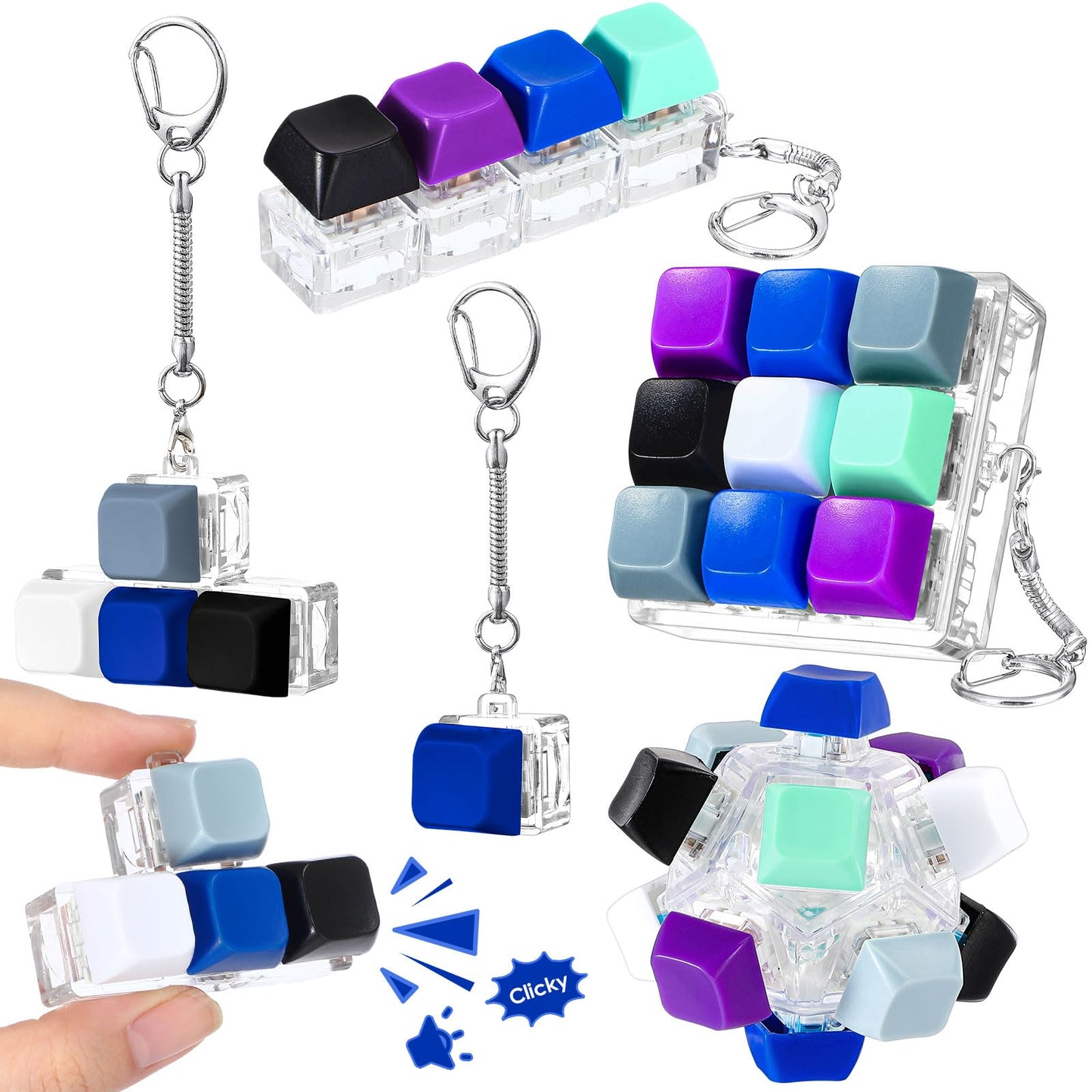 Halloscume 5 Pcs Keyboard Adult Fidget Clicker in 5 Styles Keyboard Fidget Keychain Cube Mechanical Key Button Clicker Stress Relief Gift for Office Home Pass Time(Dark Colors)