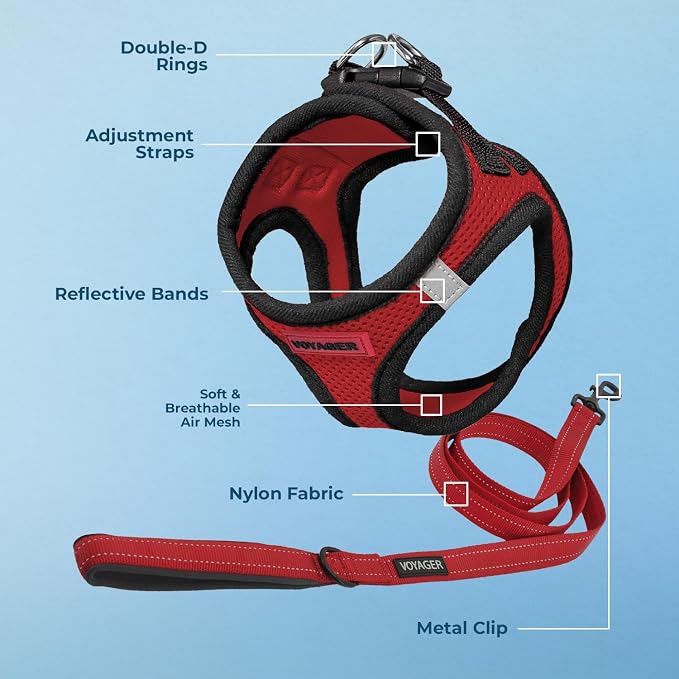 Best Pet Supplies Voyager Step-in Air All Weather Mesh Harness and Reflective Dog 5ft Leash Combo with Neoprene Handle, for Small, Medium and Large Breed Puppies - Red/Black Trim, X-Small