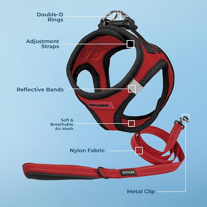 Best Pet Supplies Voyager Step-in Air All Weather Mesh Harness and Reflective Dog 5ft Leash Combo with Neoprene Handle, for Small, Medium and Large Breed Puppies - Red/Black Trim, Small
