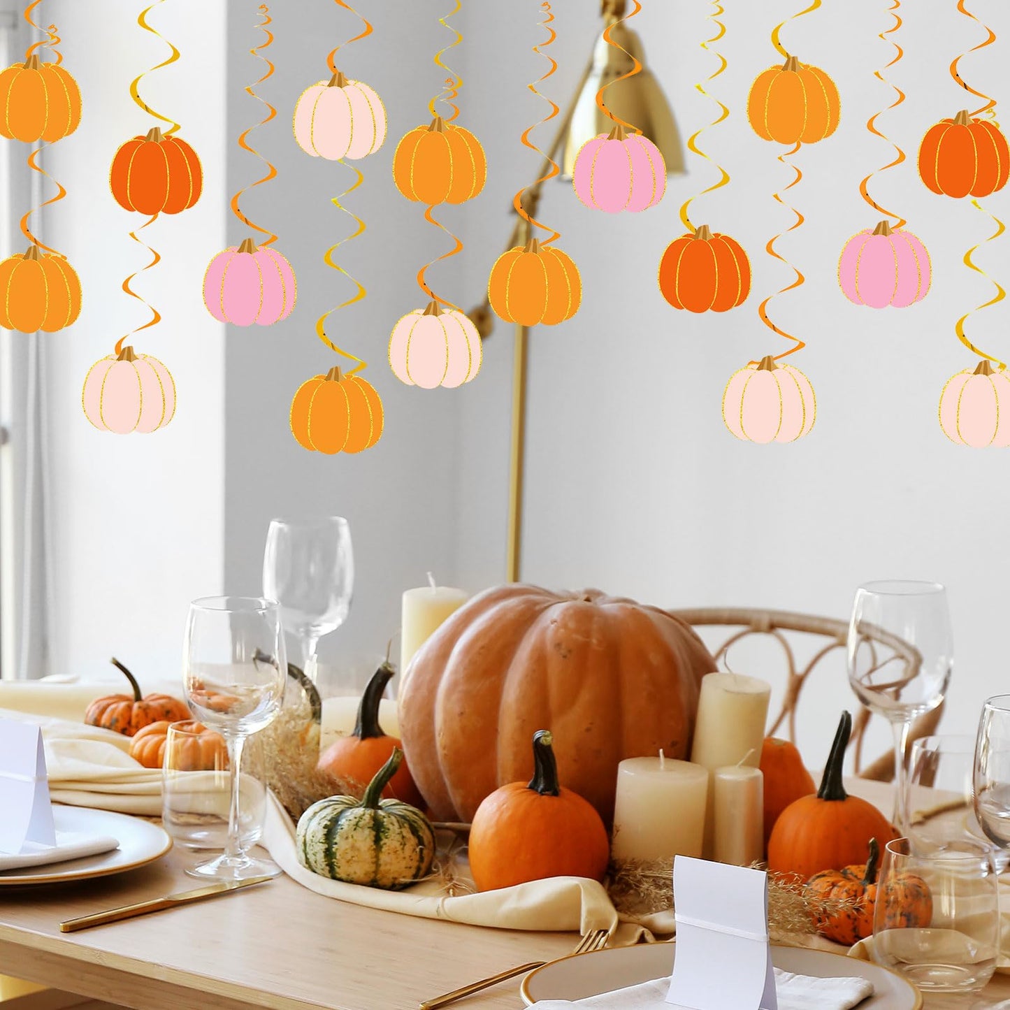 FYSUIMU 48 Pcs Fall Pumpkin Hanging Swirls Pink Orange Cute Pumpkin Ceiling Spiral Streamer Pre-Assembled Autumn Thanksgiving Hanging Ornaments for Autumn Harvest Home Party Wall Decoration Supplies