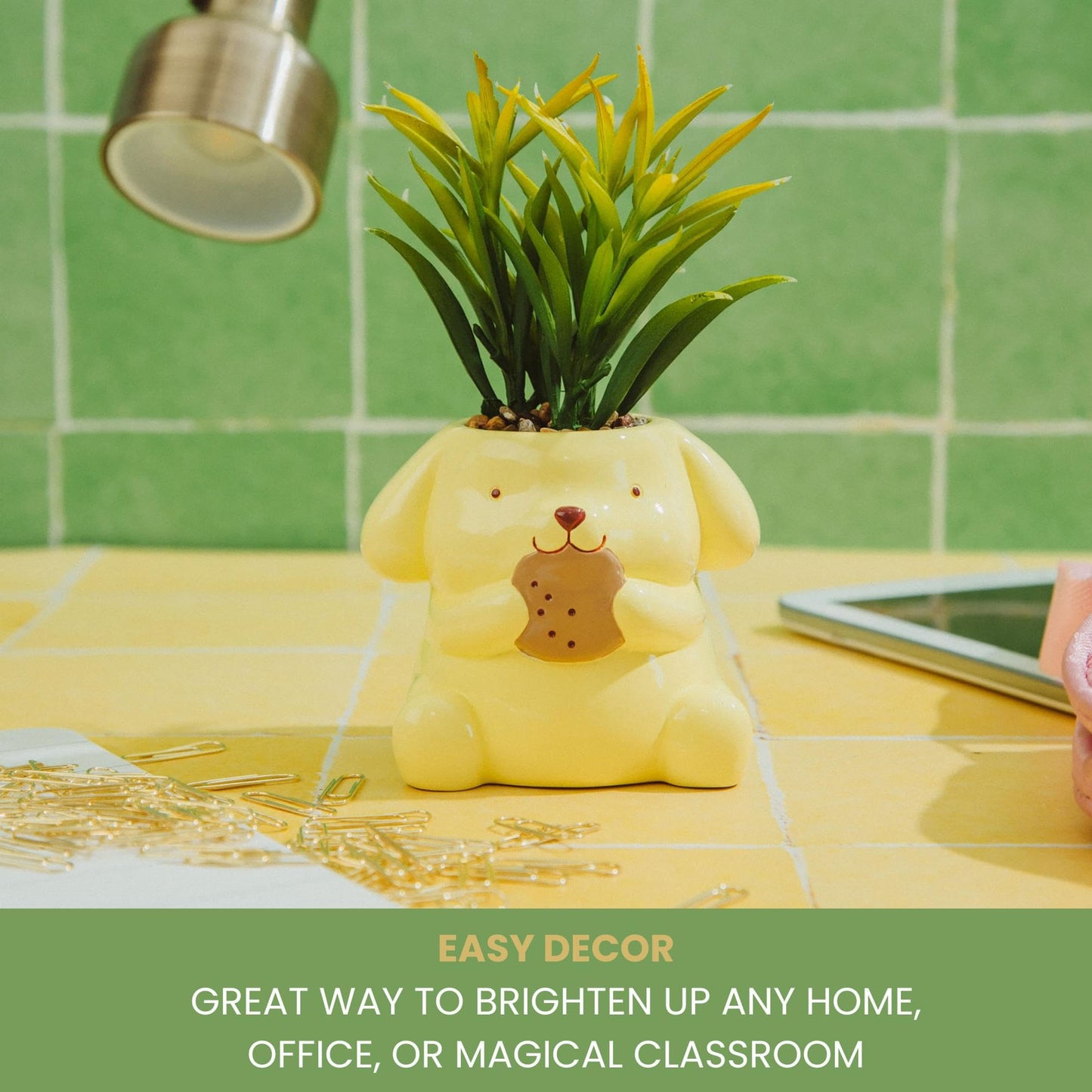 Toynk Sanrio Pompompurin 3-Inch Sculpted Ceramic Mini Planter with Artificial Succulent | Cute Flower Pot, Faux Indoor Plants