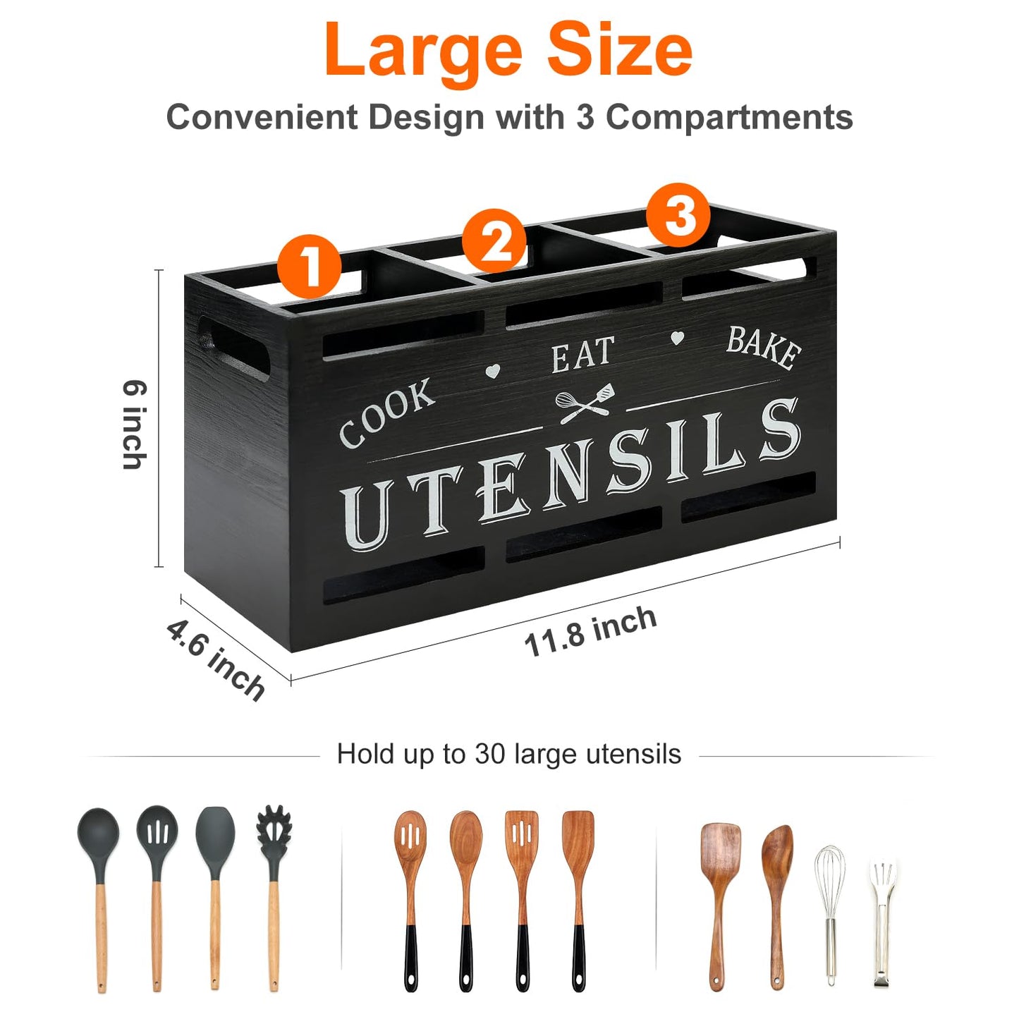 Extra Large Black Wood Utensil Holder Organizer Farmhouse Kitchen Decor Cutlery Spatula Holder Silverware Caddy Wooden Cooking Utensils Holder for Kitchen Countertop Utensil Crock Spoon Tools Holder