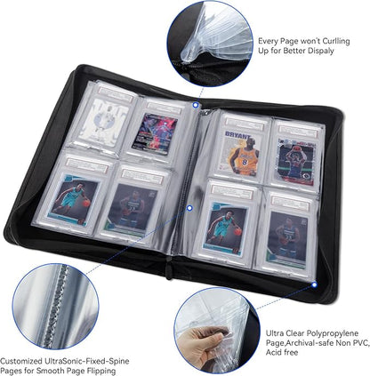 Graded Card Binder, Holds 40 PSA Slabs, 4 Pocket Slab Binder for PSA CGC CSG Slabs, Premium Ringless Zipper Card Collection Album,gray-black