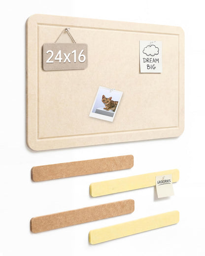 Small Felt Bulletin Board and 4 pcs Bar Strips Set, 24"X16" Cork Board Alternative with Removable Adhesive Tabs, 30 Push Pins for Office, Classroom, Bedroom, Walls Decorations - Yellow