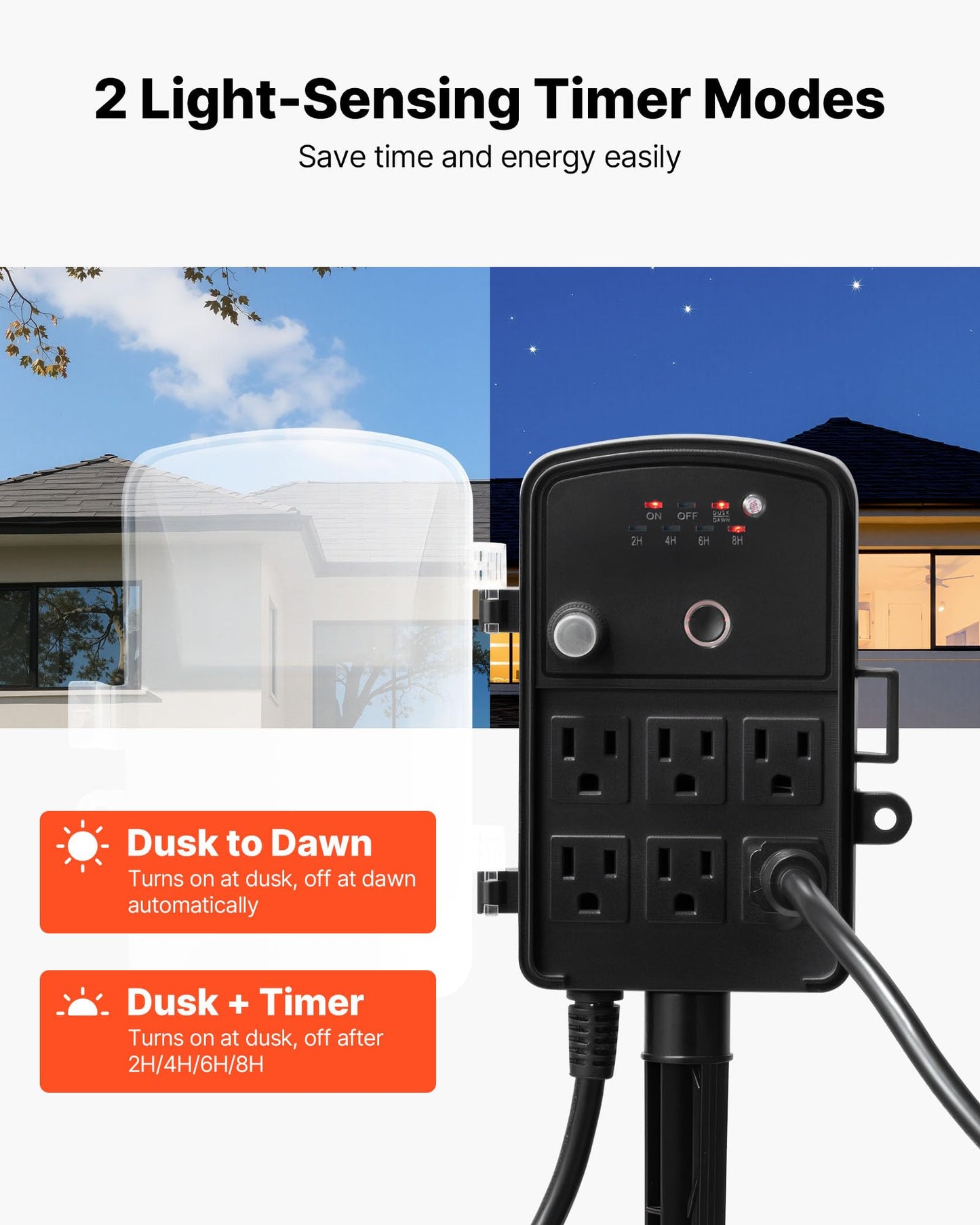 VEVOR Outdoor Power Stake Timer, 25FT Extension Cord, Remote Control Outdoor Power Strip with Cover, Dusk to Dawn Light Timer Waterproof, 6 Outlets for Halloween Christmas Lights, Garden Decorations