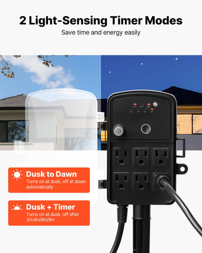 VEVOR Outdoor Power Stake Timer, 25FT Extension Cord, Remote Control Outdoor Power Strip with Cover, Dusk to Dawn Light Timer Waterproof, 6 Outlets for Halloween Christmas Lights, Garden Decorations