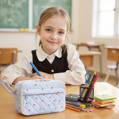WOBAGMEN Quilted Pencil Pouch for Girls Women, Large Pencil Case Pouch with Compartments Cute Aesthetic Pencil Case Organizer, Floral Pencil Bag for School Supplies (Striped Cherry)
