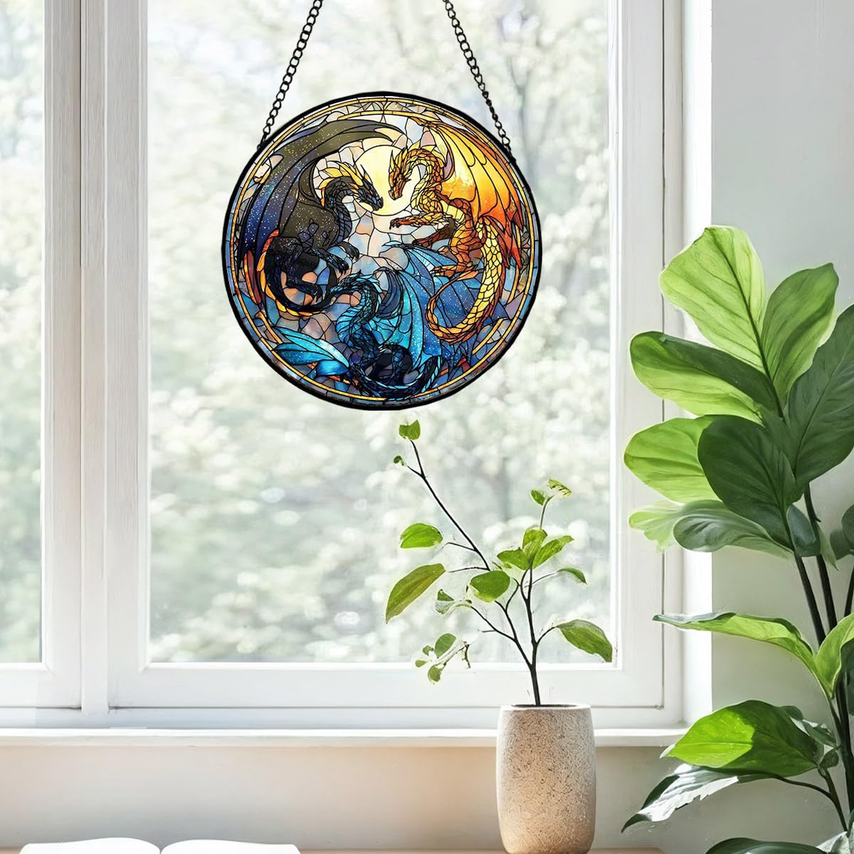 Greatingreat Dragon Stained Glass Window Hanging,7.87 Inch Bookshelf Decoration, Stained Glass Window Hanging Decoration, Whimsical Decor for Fantasy Lovers, Friends, Family, Classmates