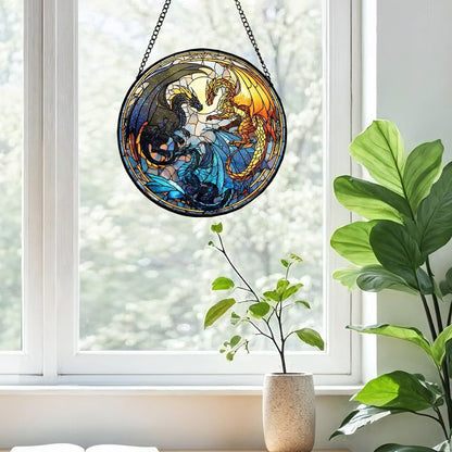 Greatingreat Dragon Stained Glass Window Hanging,7.87 Inch Bookshelf Decoration, Stained Glass Window Hanging Decoration, Whimsical Decor for Fantasy Lovers, Friends, Family, Classmates