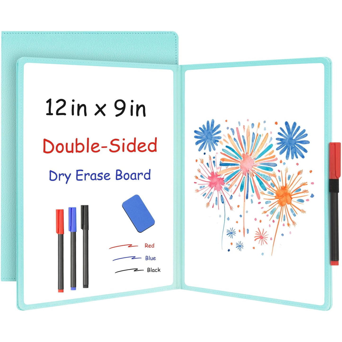 WALGLASS Double-Sided Small White Board Dry Erase, 12'' x 9'' Portable Reusable Whiteboard Notebook, Foldable Mini Handheld Board for Students Practice, Home, School, Office, Travel - Blue PU Leather