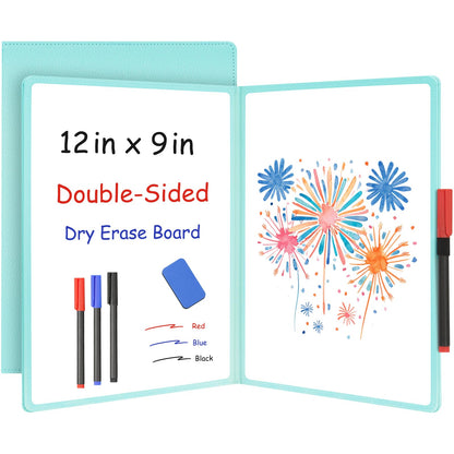 WALGLASS Double-Sided Small White Board Dry Erase, 12'' x 9'' Portable Reusable Whiteboard Notebook, Foldable Mini Handheld Board for Students Practice, Home, School, Office, Travel - Blue PU Leather