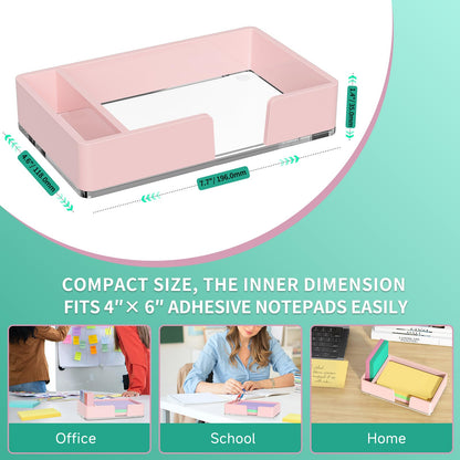 Kucle Sticky Note Holder with Pen Slot, Pink Acrylic Notepad Holder 4x6 in Self-Stick Note Dispenser Office Desk Accessories, Memo Pad Holder Organizer for Classroom School Supplies