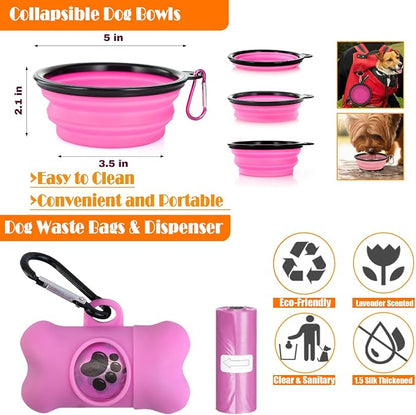 LOBEVE No Pull Dog Harness, Collar & Leash Set | Includes Dog Seat Belt, Collapsible Bowls & Poop Bag Dispenser. Ideal for Training, Walking, Hiking. Fits Small to Large Dogs(Pink-M)