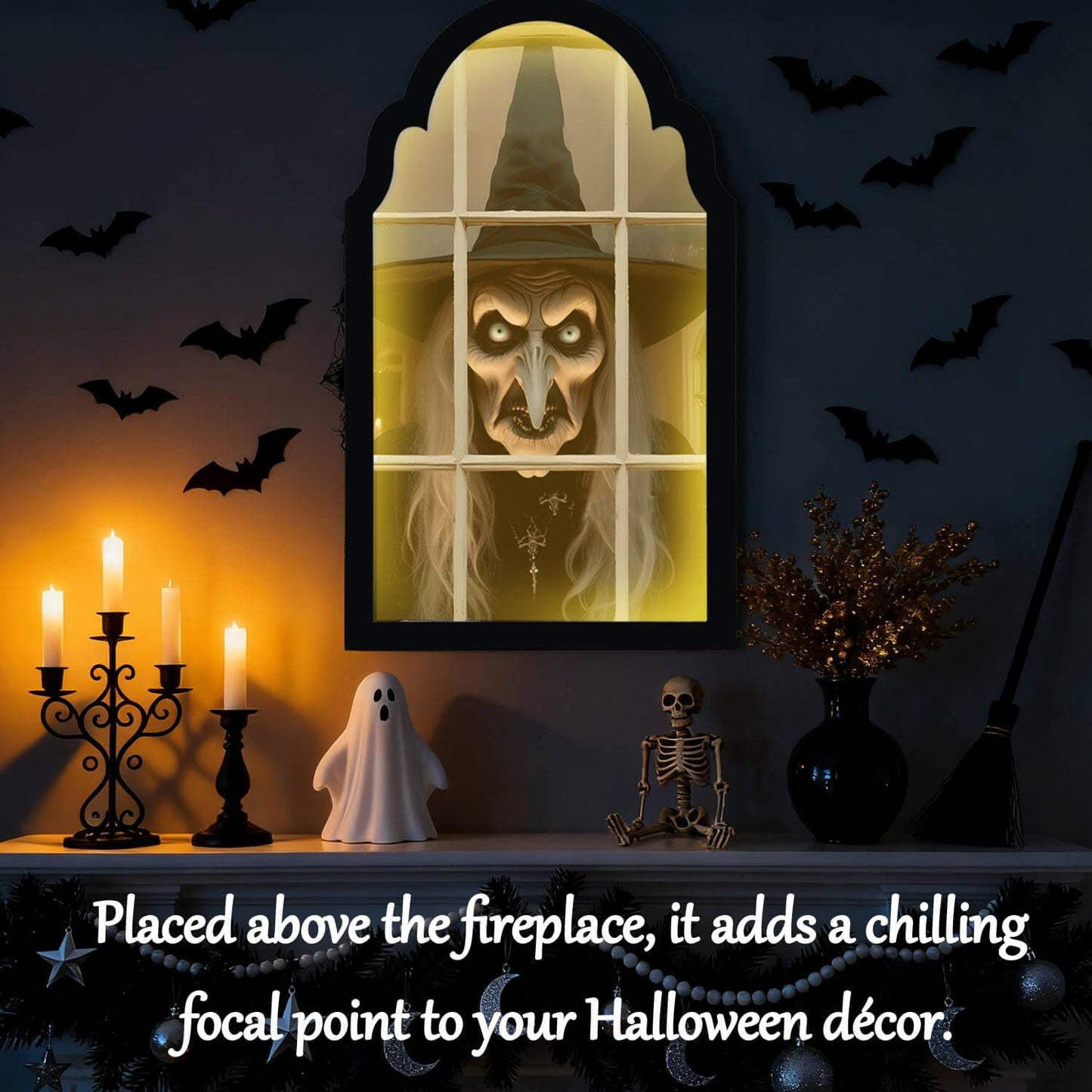 EZTZMCN 2025 Halloween Decorations Indoor - 15" x 9" Ghost Hologram Mirror with Witch, Spooky Wall Mirror - Decoration for Home Bedroom Party Room (No Battery)
