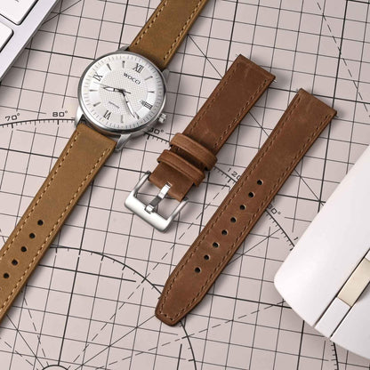 WOCCI 20mm Elite Watch Band, Top Grain Leather, Quick Release, Silver Buckle (Sand)