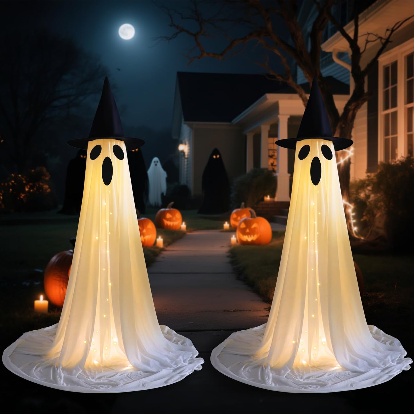 2PCS Halloween Ghosts Decorations Outdoor/Indoor, Large Adjustable Height Lighted White Cloth Ghosts with Adjustable String Lights Battery Operated Halloween Party Home Porch Yard Decorations