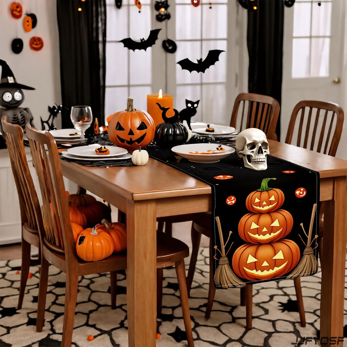 JJFYOSF Halloween Table Runner - Stacked Jack-O’-Lantern Pumpkins with Witch Broom Design, Spooky Pumpkin Dining Table Decoration for Halloween Party & Home Décor 13x72 Inch (Pumpkin & Broom)