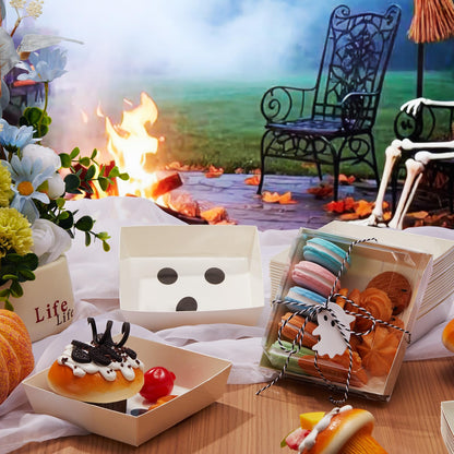 Yaomiao 50 Pcs Halloween Ghost Charcuterie Boxes with Clear Lids Rope Card 5.3 Inch Square Disposable Paper Food Containers Bakery Dessert Treat Boxes for Cake Cookie Sandwich Halloween Party Favors