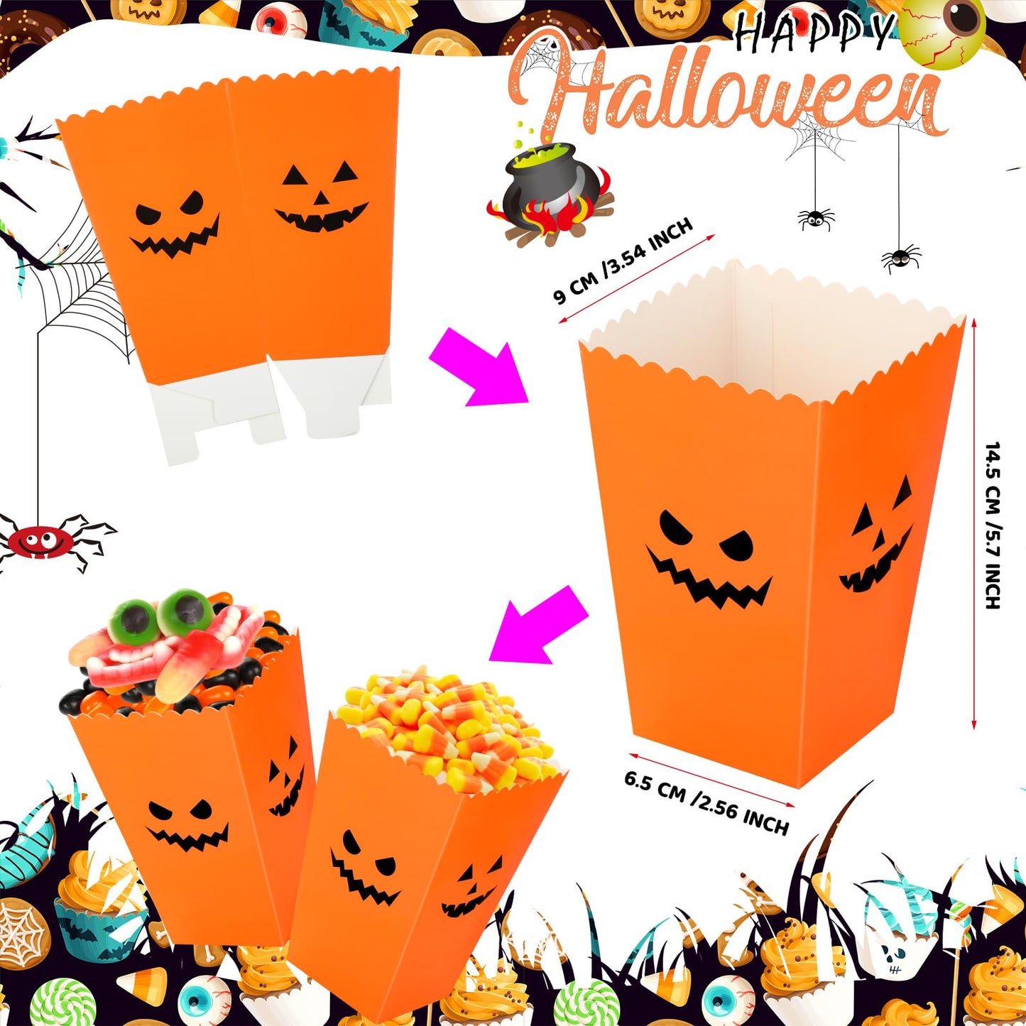 Yeaqee 100 Pcs Halloween Popcorn Boxes - Pumpkin Snack Treat Boxes Candy Cookie Container Decorations Gifts for Kids Adults Party Favor Supplies