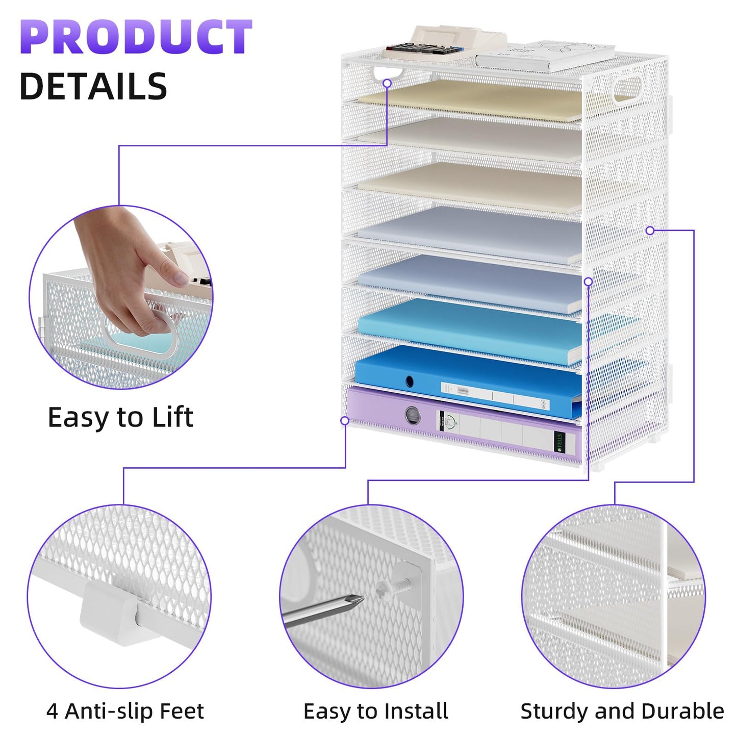 Marbrasse Paper Organizer Letter Tray, 9 Tier Mesh File Organizer with Handle, Paper Sorter Desk Organizer for Home Office Supplies - White