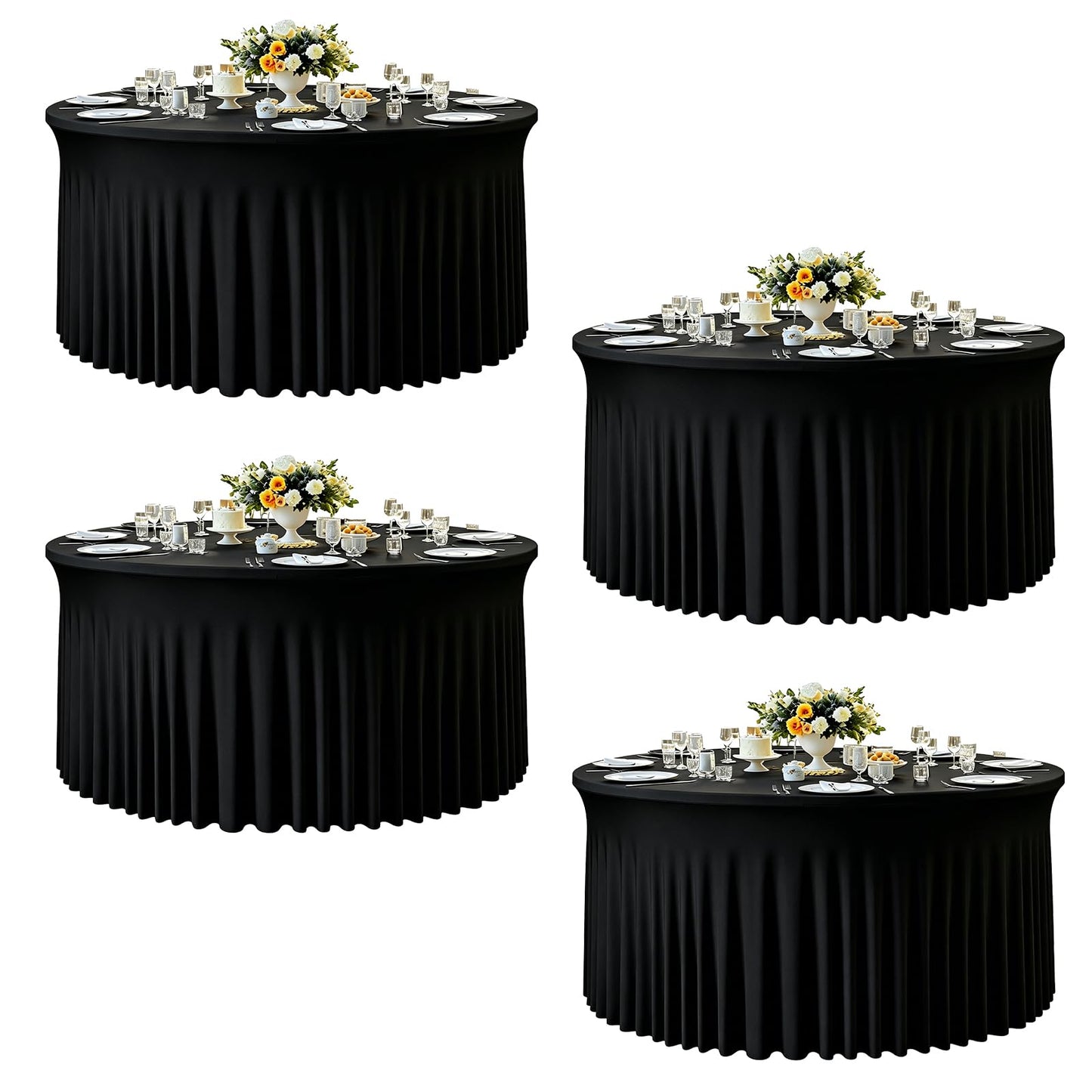 4 Pack 132 Inch Black Round Tablecloth, Fitted Tablecloths for 6FT Round Tables, Spandex Table Cover with Table Skirt for Wedding Photography Party Professional Events Halloween Decoration Indoor