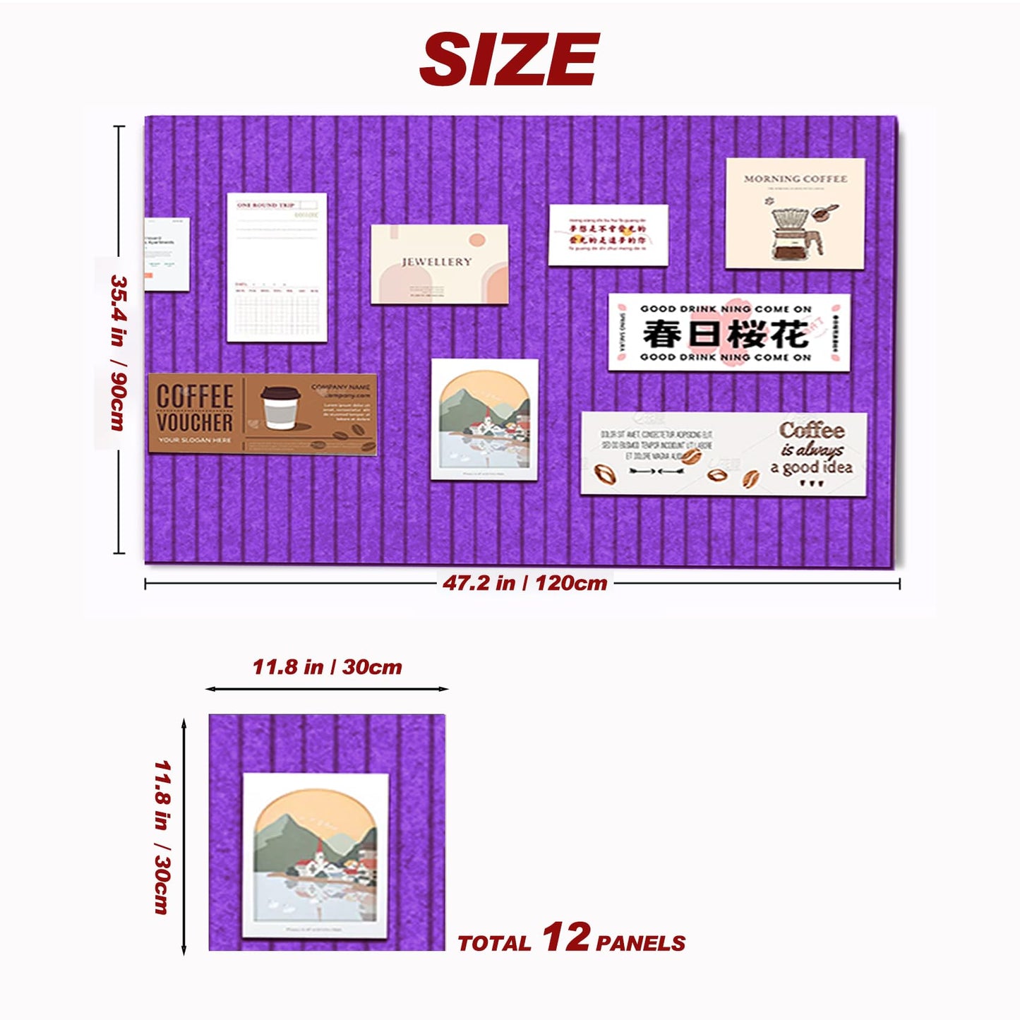 Large Felt Wall Tiles Cork Boards for Office Cubicle, 47"x35" Felt Photo Board Bulletin Tiles Pin Board for Walls Home Decor, Noise Reduction Boards Panels Fors Notes Memos, 12-Pack, Purple