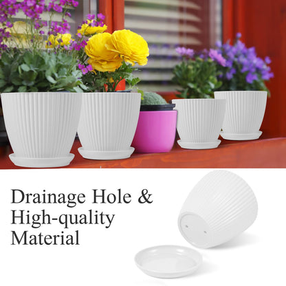 MUXINCAMP 7 Inch Large Plant Pots, 6 Pack Flower Pots with Drainage Hole and Tray Saucer Plastic Plant Pot for Outdoor Indoor House Plants and Flowers Herbs (White)
