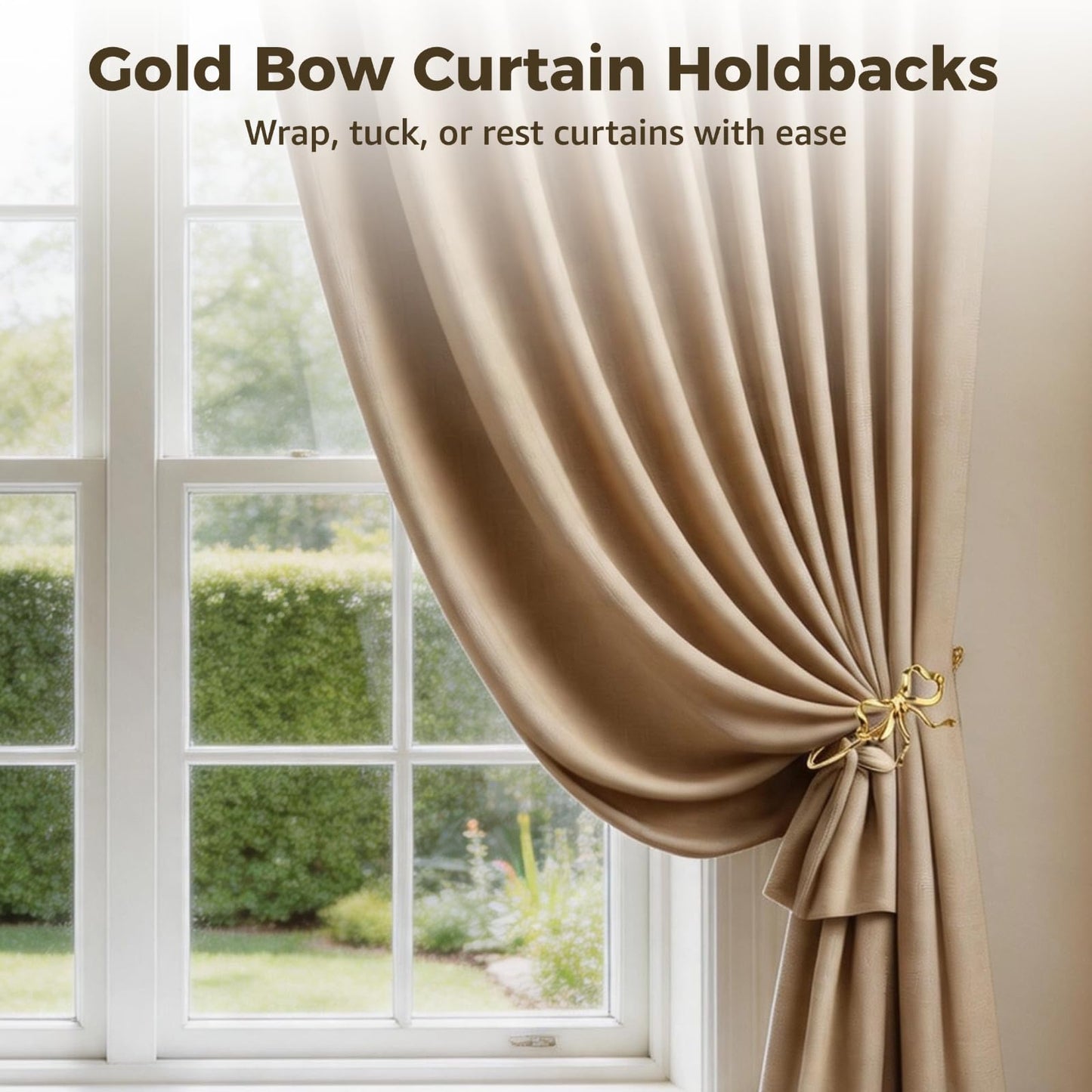 2PCS Metal Bow Curtain Holdbacks Gold Wall Mounted Curtain Hold Backs, 7.5 x 3.6 x 2.5 in Heavy Duty Zinc Alloy Wall Mounted Hooks, Decorative Tiebacks, Multipurpose Hangers for Living Room Bedroom