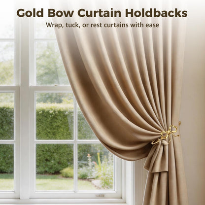2PCS Metal Bow Curtain Holdbacks Gold Wall Mounted Curtain Hold Backs, 7.5 x 3.6 x 2.5 in Heavy Duty Zinc Alloy Wall Mounted Hooks, Decorative Tiebacks, Multipurpose Hangers for Living Room Bedroom