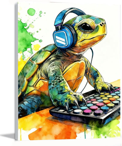 Graffiti DJ Sea Turtle Canvas Wall Art Modern Funny Print 16x24 inch Green Tortoise with Headphones Teen Boy Gaming Room Cool Framed Animal Decor Kids Bedroom Gift Decor Men Office Home Poster