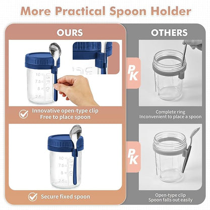 DRKIO 4 Pack Glass Overnight Oats Containers with Lids and Spoons 16 Oz Mason Jars for Overnight Oats Jars Leak Proof Oatmeal Container Meal Prep Jar for Cereal Fruit Vegetable Milk Salad Yogurt