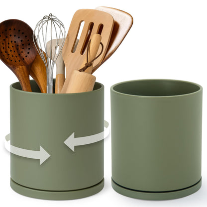 D'vine Dev 360° Rotating Utensil Holder – 7.2" Kitchen Utensil Crock for Countertop, Modern Cooking Tool Organizer for Kitchen Storage & Décor, Set of 2, Olive, 72-Y-C-2