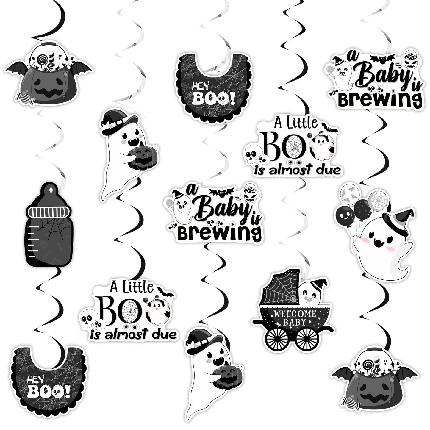 Kreatwow Halloween Baby Shower Decorations Black White 24pcs A Little Boo Is Almost Due Hanging Swirls A Baby Is Brewing Party Little Boo Party Decor Spooky Hanging Streamer for Pregnancy Celebration